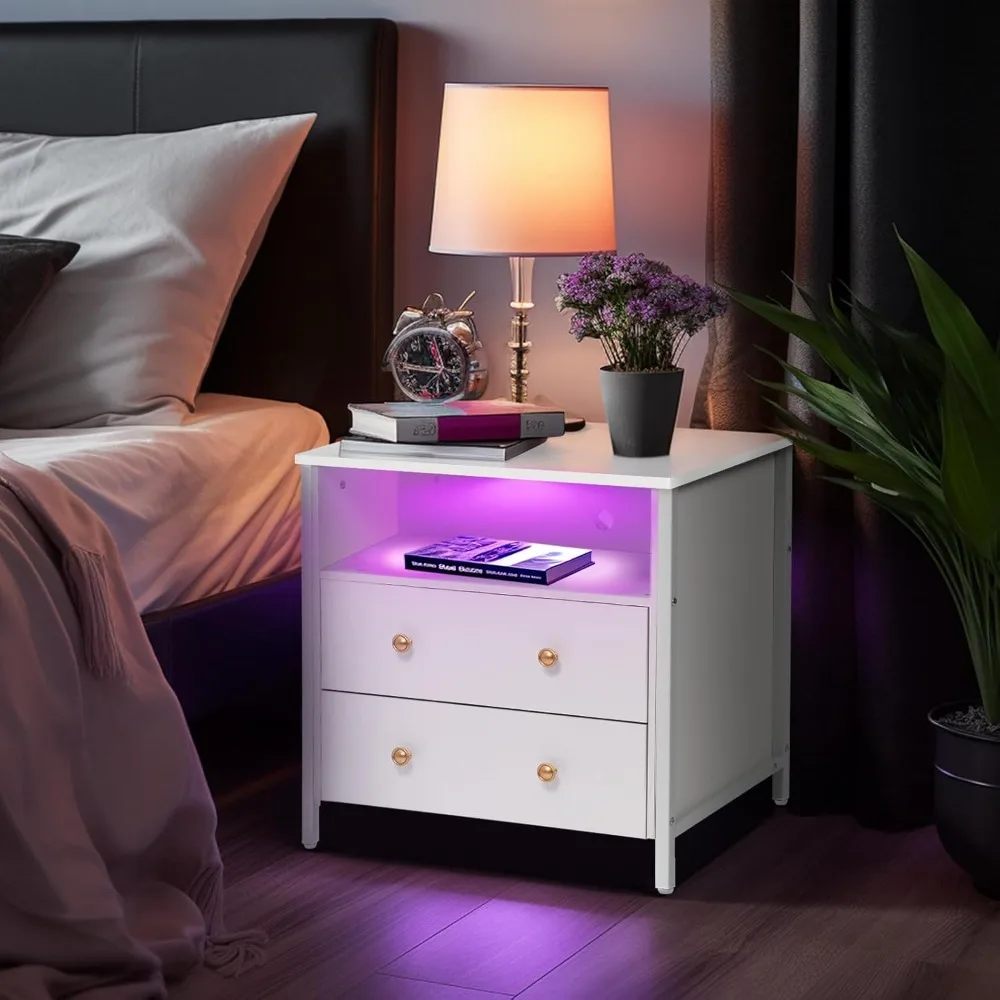 27 Inch Wide Night Stand, Wooden Night Stand with Drawers, LED Nightstand with Charging Station and Adjustable Drawer