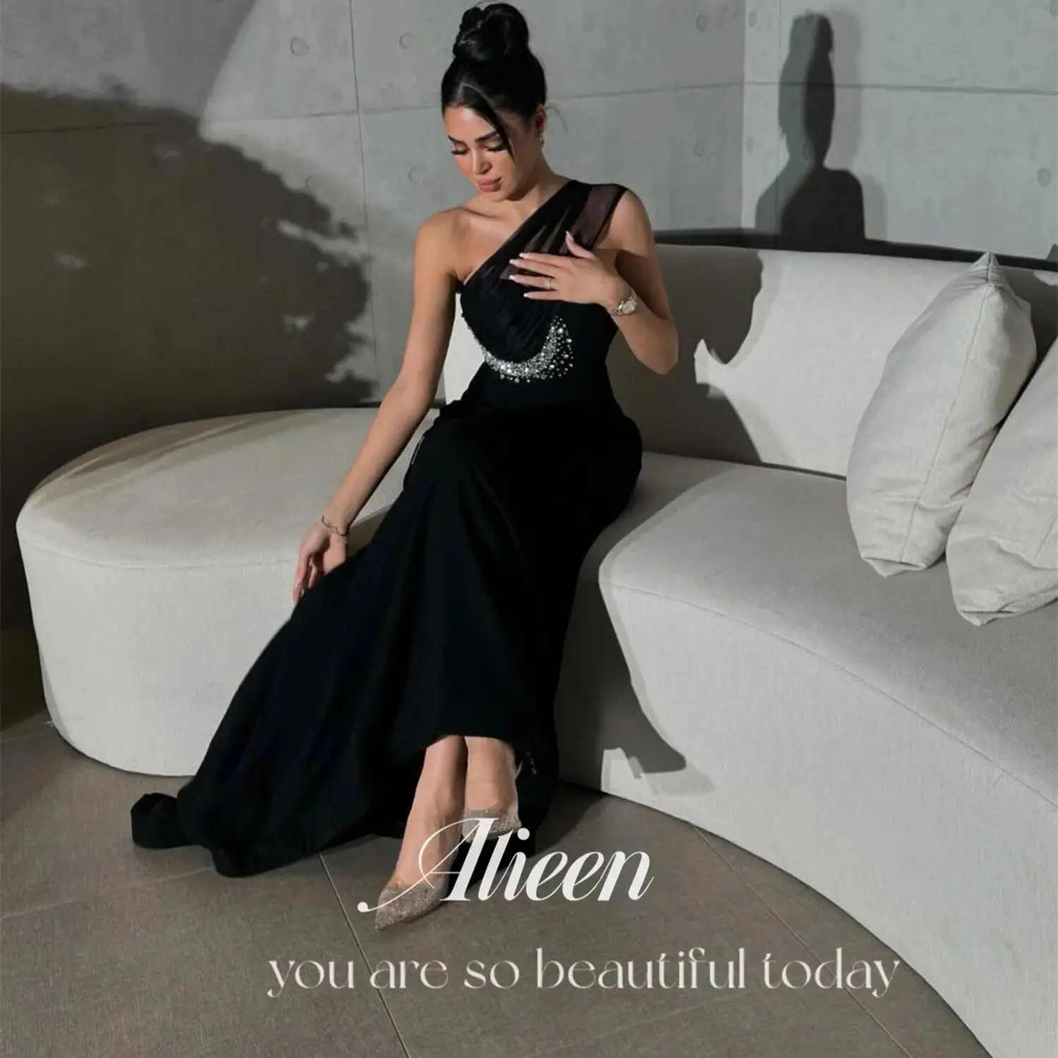 Aileen Black Customized One Shoulder Elegant Evening Dresses 2024 Luxury Dubai Prom Dress With Stones and Crystals Party Woman