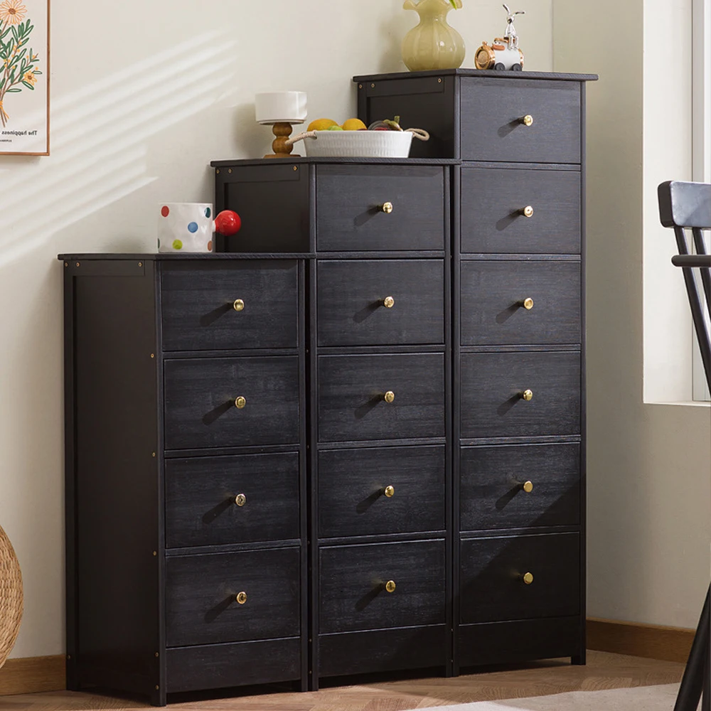 Schwarze Massivholz-Kommode mit 4 Schubladen, hoher Nachttisch, Schrank-Organizer mit goldenen Knöpfen für Schlafzimmer, Wohnzimmer, Wohnmöbel, Montage erforderlich.