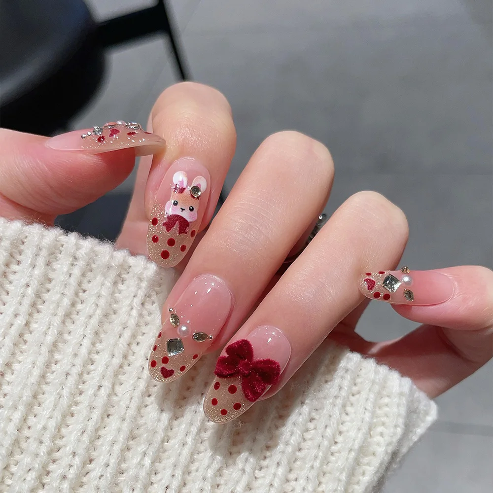 10pcs Medium Oval Handmade Press On Nails Kit, Nude Gradient Fake Nails, Sweet Cute Wearable Nail Art, Little Rabbit, Bow