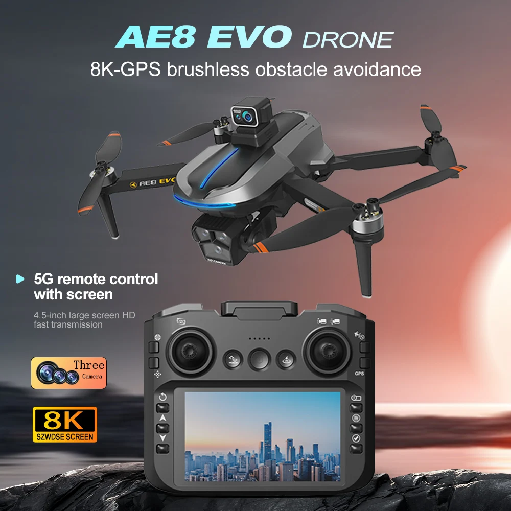

НОВЫЙ AE8 EVO GPS Дрон 8K HD Профессиональная тройная камера 5G WIFI FPV Предотвращение препятствий Бесщеточный RC Квадрокоптер Дроны Игрушки для мальчиков