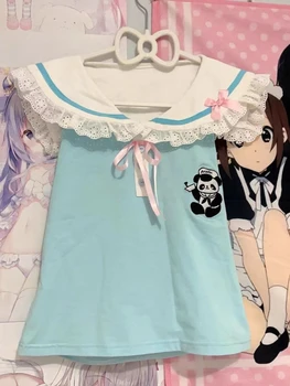 HOUZHOU Kawaii Süße Patchwork Spitze T Shirts Frauen Japanische Mode Y2k Harajuku Bogen Cartoon Stickerei Schlank Tees Tops Weiche Mädchen