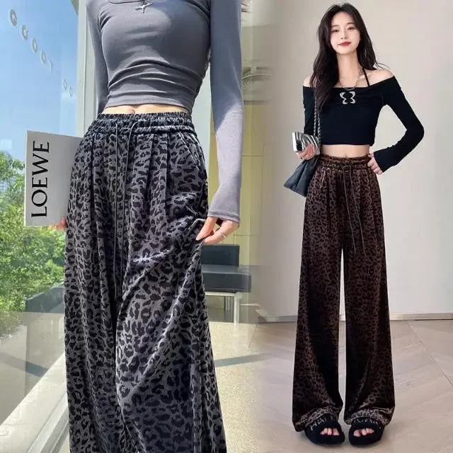 Autumn Winter Fashion Leopard Wide Leg Women Elastic Waist Loose Casual Straight Simplicity Office Lady All-match Trend Harem