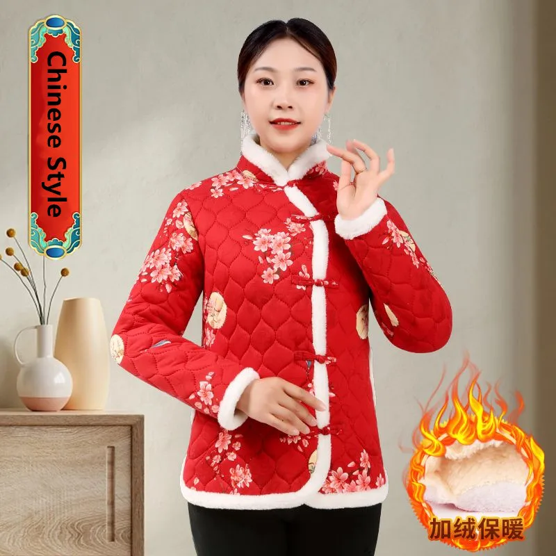 Vintage Floral Tang Suit Jacket for Women, Cotton-Padded Coat, Warm Clothes for Mother, Cheongsam, Autumn and Winter, 2024