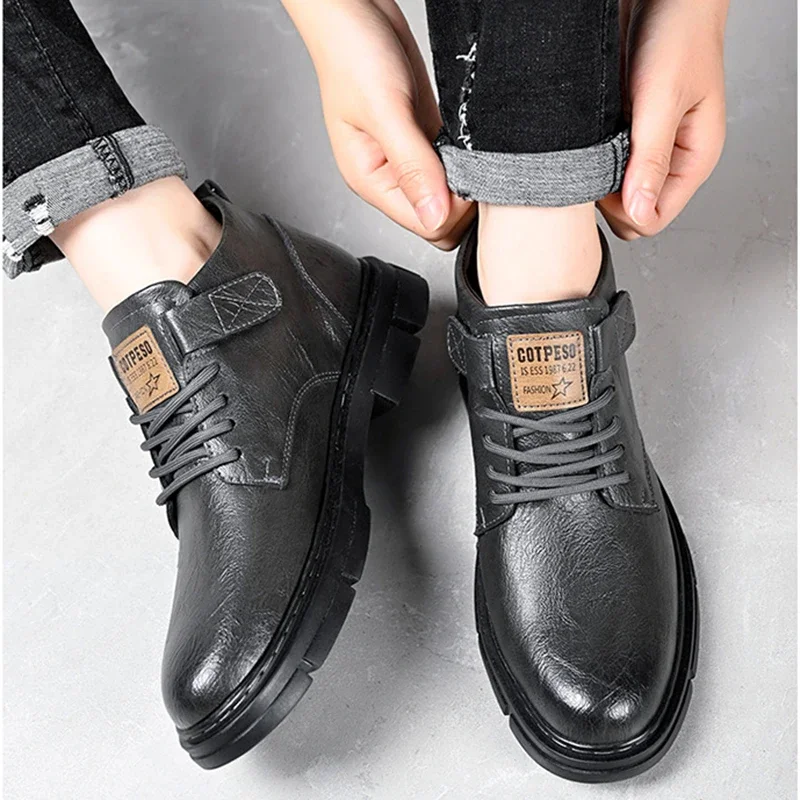 Men Boots Casual Winter Male Shoes High Top Platform Leather Outdoor Walking Sneakers Ankle Chelsea Cowboy Tactical Bootie