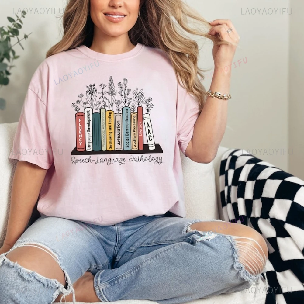 Retro Speech Language Pathology T-Shirt Gift for Therapy Book Lover Tshirt Short Sleeve Casual Fashion Loose Harajuku Women Tee