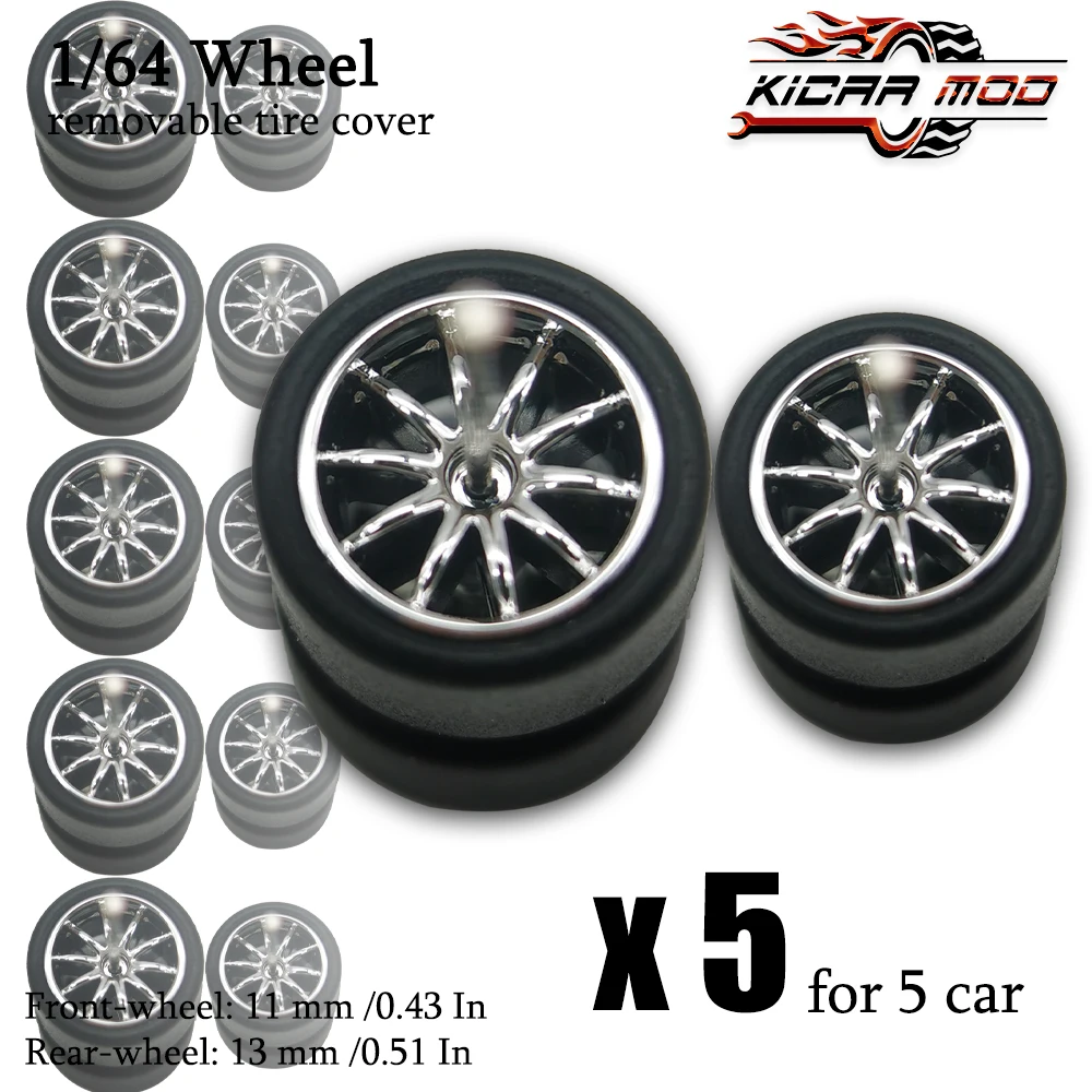 1/64 Front Small Rear Big Wheels with Detachable Slick Rubber Tires for Model Cars Refiting Parts for Hotwheels (5 Sets)