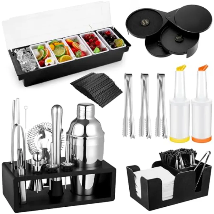 

Набор бармена из 23 предметов: поднос для украшения напитков, 3-уровневый держатель для соли, набор для приготовления коктейлей из 13 предметов и барные принадлежности