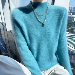 Women's Winter Sweater 100% Merino Wool Sweater Thickened Half-neck Pullover Solid Color Herringbone Cashmere Sweater Top