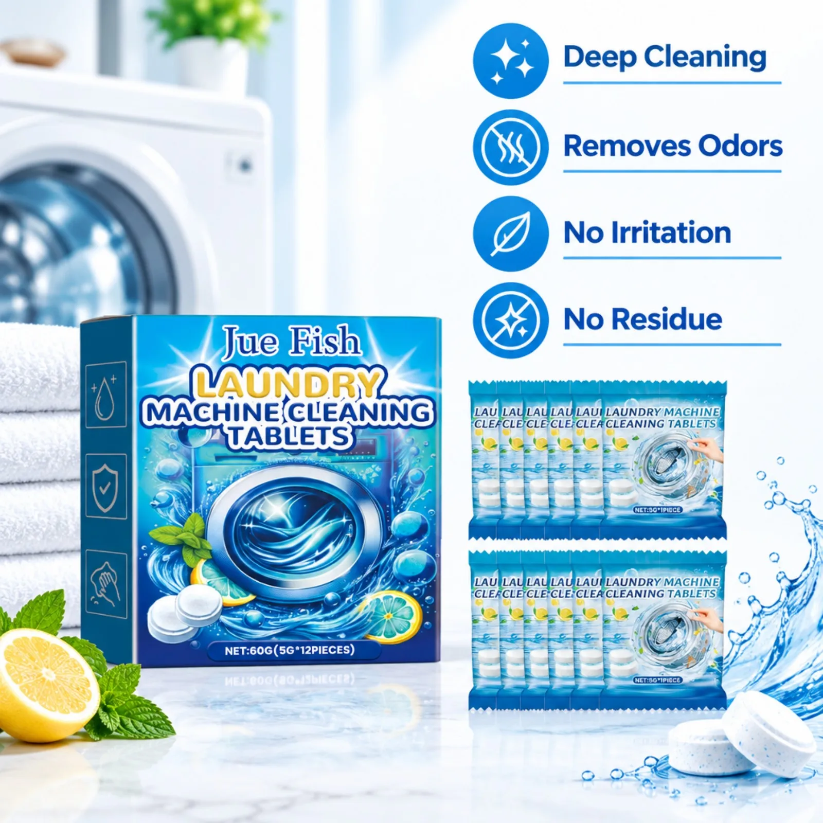 Laundry Machine Cleaner Tablets 12PCS Deep Cleaning Protect Machine No Irritation for All Water Quality Household Use