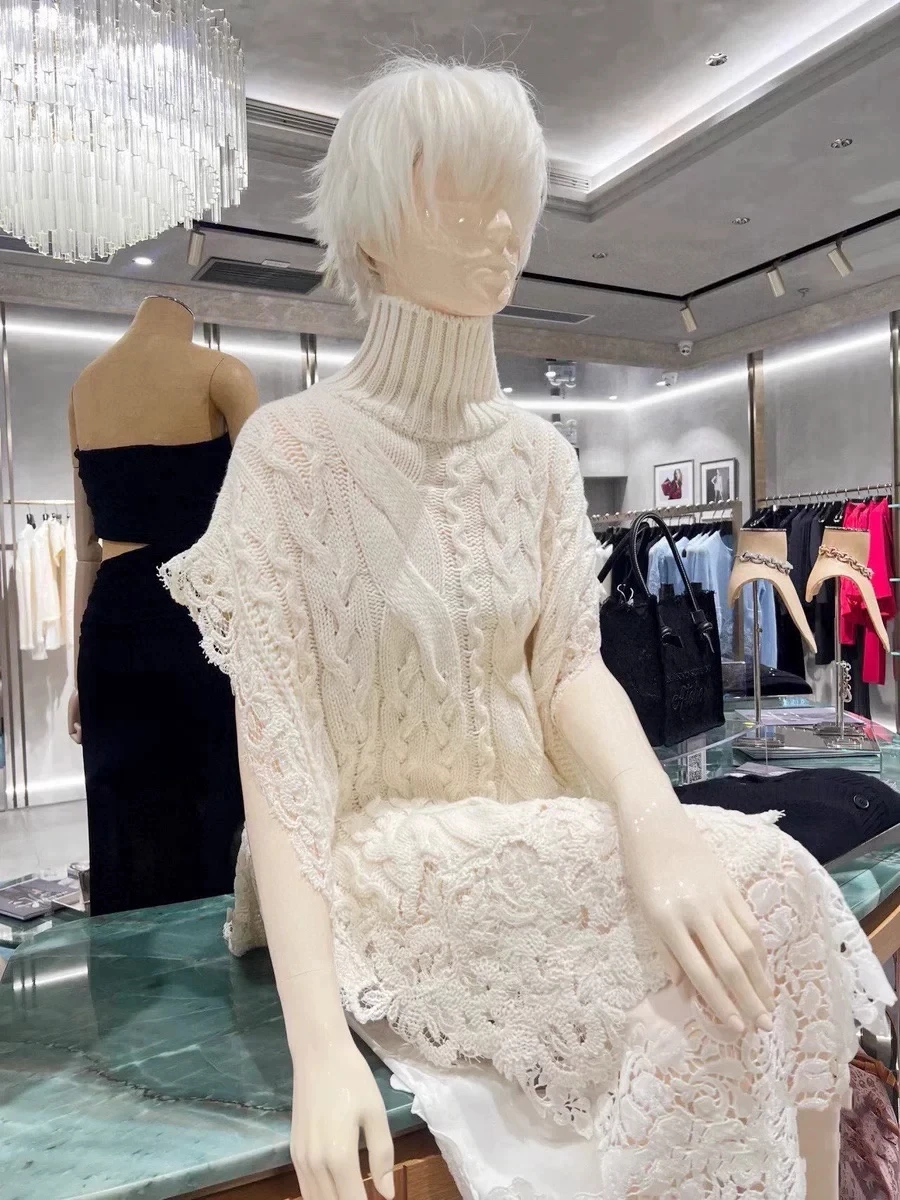 Luxury White Black Wool Poncho For Women Turtleneck Cable Knit Lace Fringe Sleeveless Loose Elegant Fall Winter Party Cover Up