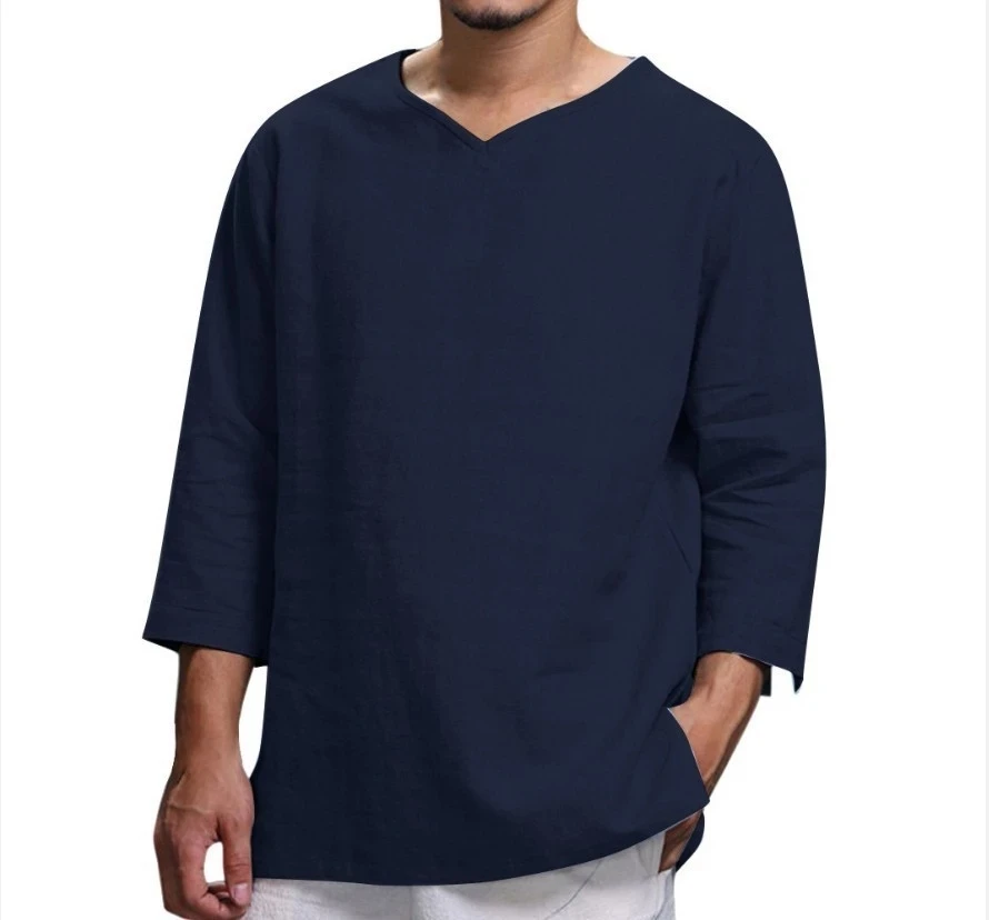 Cotton Linen Hot Sale Men\'s Long-Sleeved Shirts Summer Solid Color Stand-Up Collar Casual Beach Style Plus Size Linen Man Tops