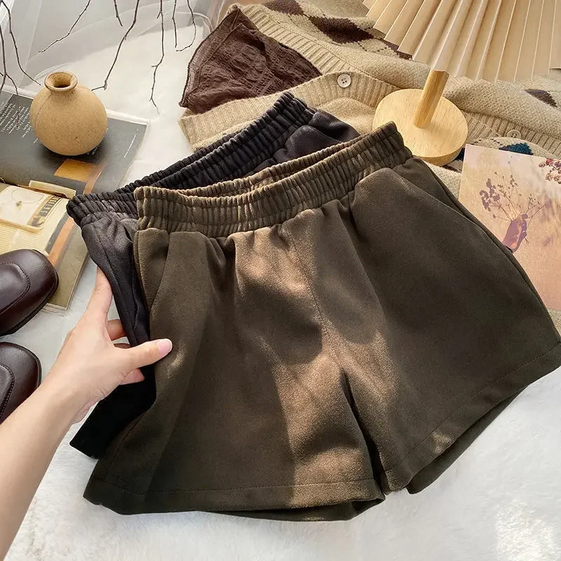 Thickened Woolen Shorts Women's Spring Autumn Korean Style New High-waisted Bell Bottoms Loose Fit Casual Boot Pants Trendy