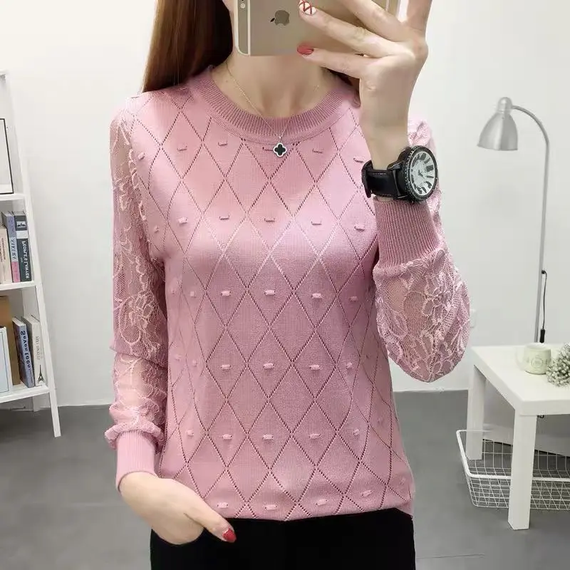 2024 Spring and Autumn New Arrivals Lace Hollow Out Loose Large Size Crew Neck Long Sleeve Solid Color Sweater Pullovers Tops