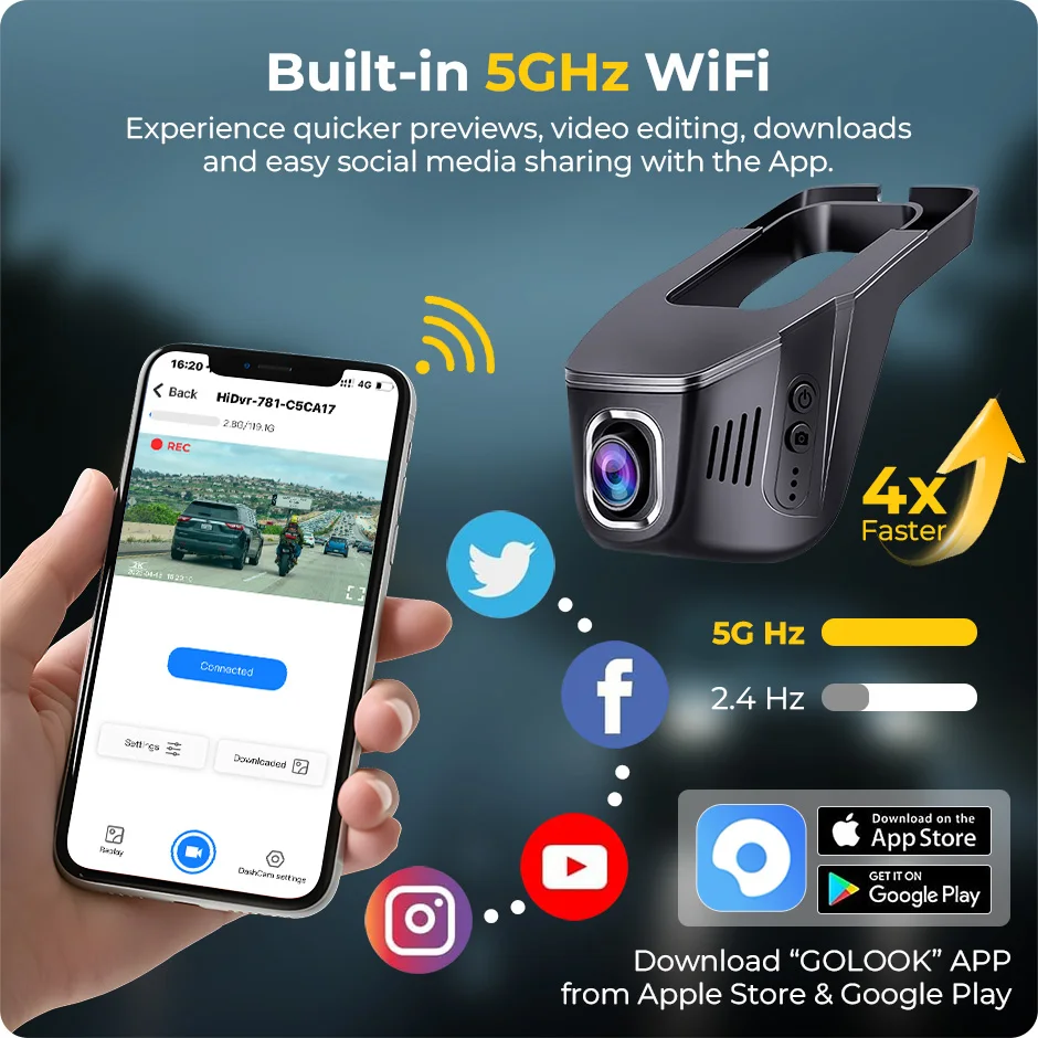 GreenYi 5G WiFi 2K Full HD Dash Cam جهاز تسجيل فيديو رقمي للسيارات القيادة مسجل فيديو 24H شاشة ركن السيارة للرؤية الليلية حلقة تسجيل لجميع السيارات