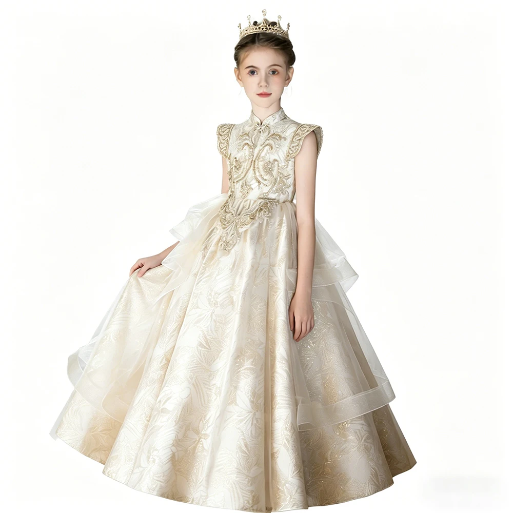 Luxury Champagne Princess Wedding Bridesmaid And Evening Party Gown Sleeveless High End Occasion And Pageant Dress For Girls