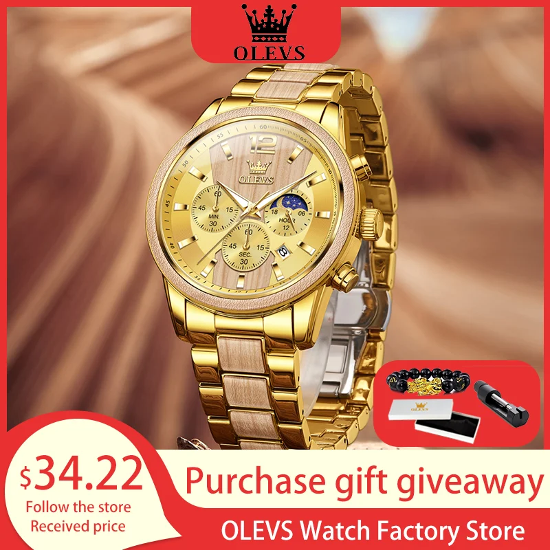 

OLEVS модные мужские часы с фазой Луны, хронограф, золотой деревянный циферблат, водонепроницаемые кварцевые часы, брендовые оригинальные мужские наручные часы с датой