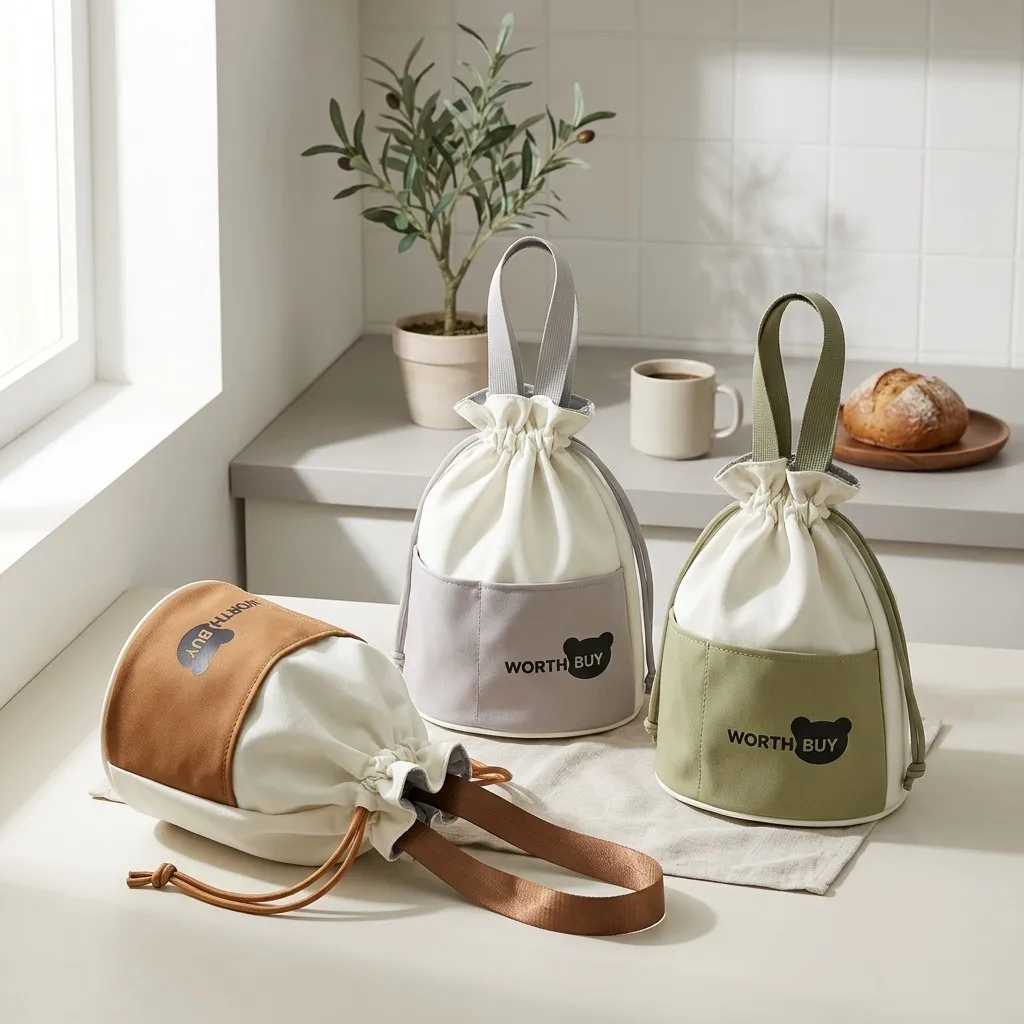 Drawstring Insulated Lunch Bag Thermal Bento Bag Foldable Cooler Bag Handbag Women Kids School Work Picnic Storage Organizer