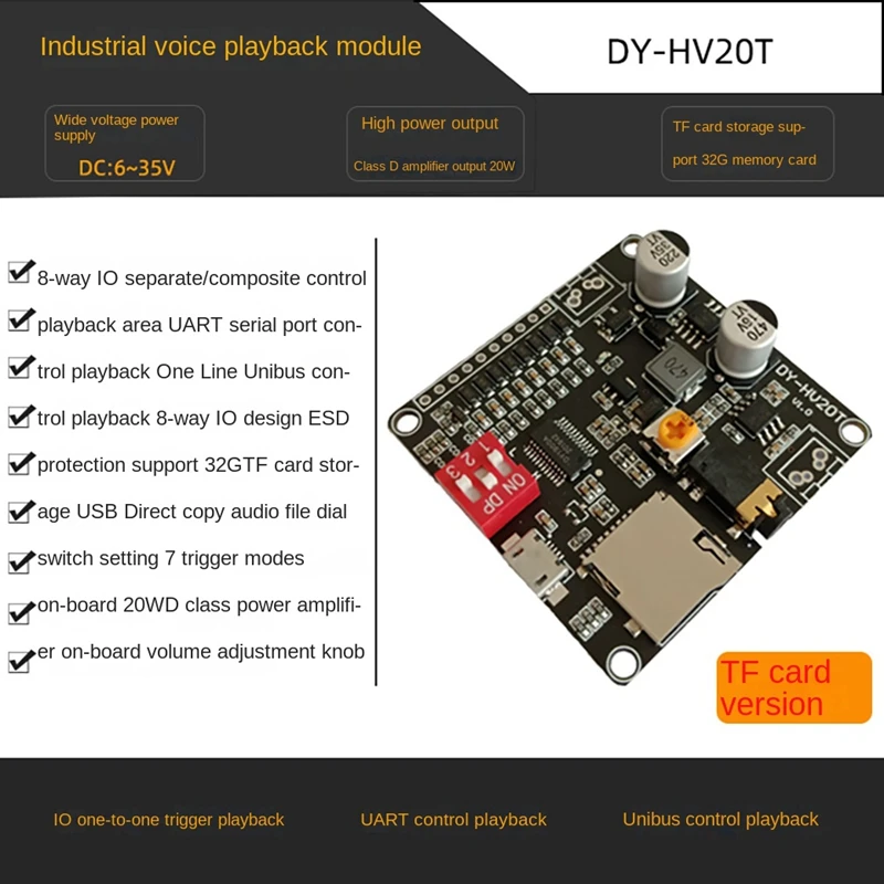 DY-HV20T Voice Playback Module 12 V/24 V Voeding 10 W/20 W Versterker Ondersteuning Micro-SD-kaart MP3 Muziekspeler Voor Arduino