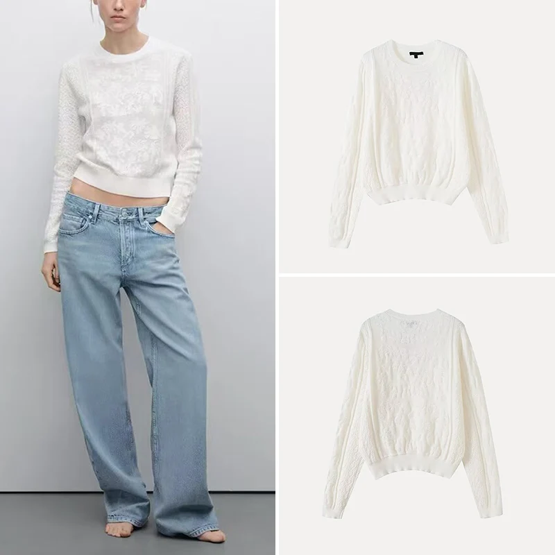 Sweet Style Lace Hollow out round Neck Knitted Sweater Short Version MD Women's Spring 2025 New Arrival Polyester Fiber