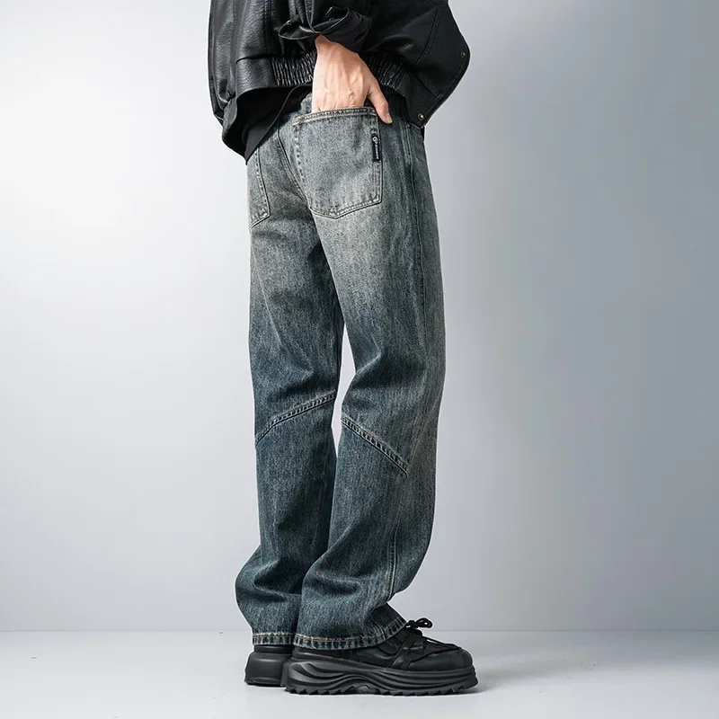 

LIBIELIY Four Seasons Men's New Fashion American Vintage Straight Loose Wide Leg Jeans Pants Casual Trendy Spliced Denim Trouser