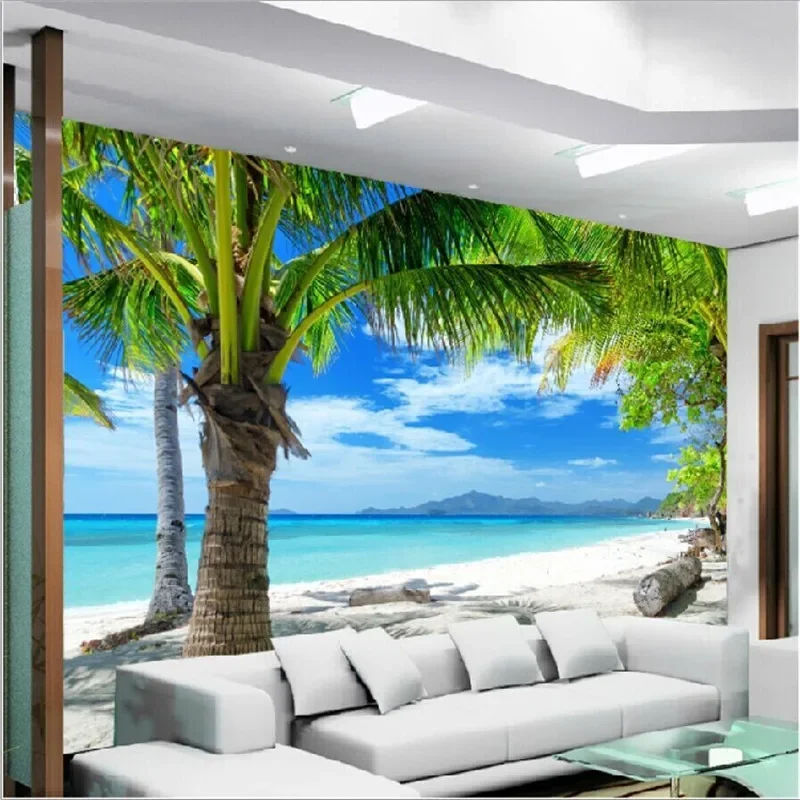Beibehang - Papel de Parede Mural 3D Personalizado para Casa, Sofá, Quarto, TV, Fundo de Parede, Pintura Mural, Papel de Parede Mural de Praia e Coqueiros