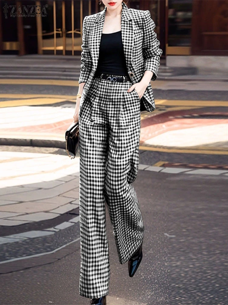 ZANZEA Autunno Plaid 2 pezzi Set Pantaloni da ufficio Set Risvolto Manica lunga Blazer Cappotti Pantaloni Vestito da donna Set coordinati 2025