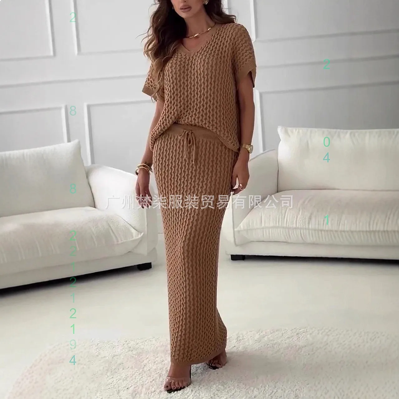 

Knitted Hollow Out V Neck Top Long Dress Sets, Sexy Solid Color Knitwear Jumpsuit Matching Set