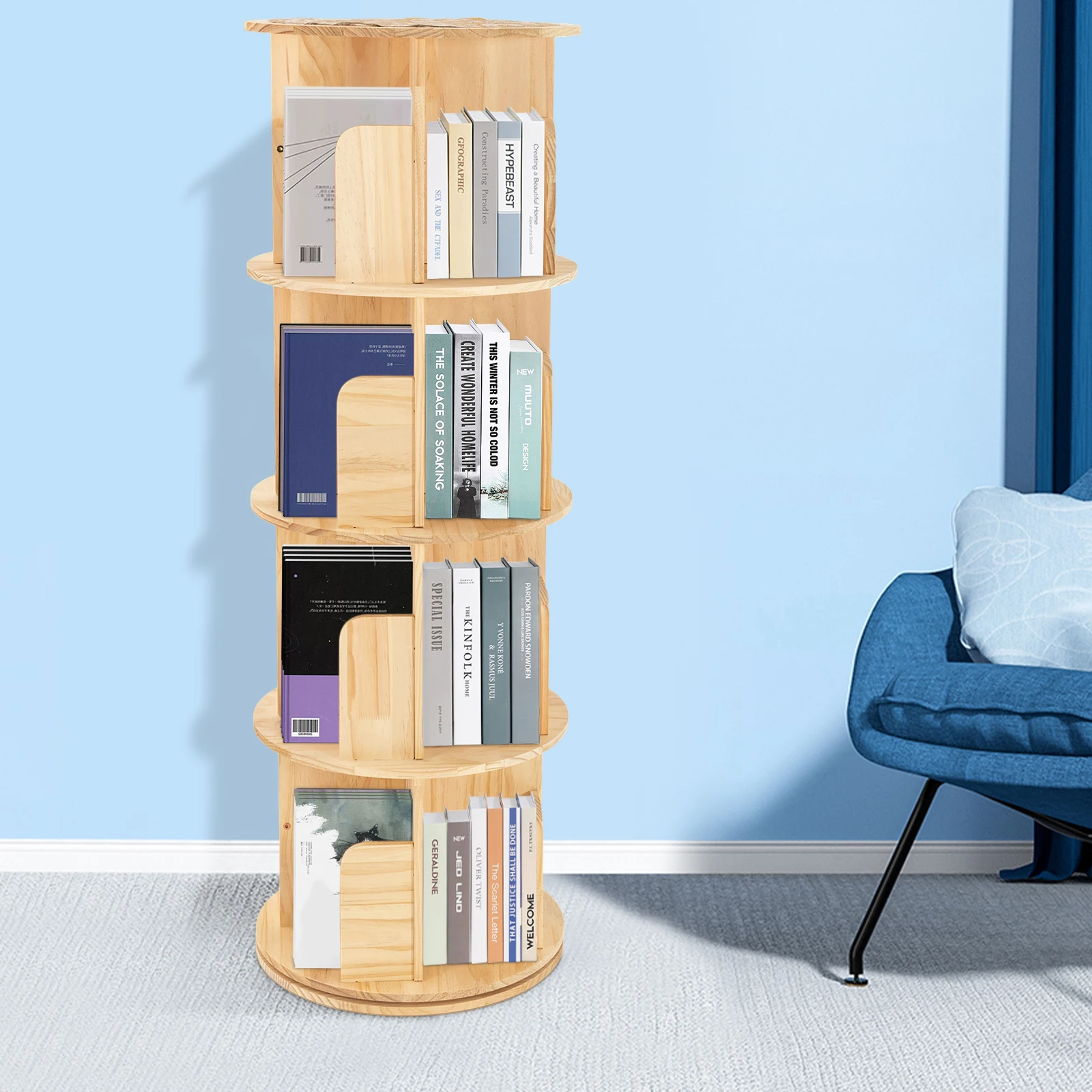 Rotating Bookshelf 4 Tier 360 Display Round Spinning Floor Standing Bookcase Storage Rack Book Shelf Organizer for Small Space