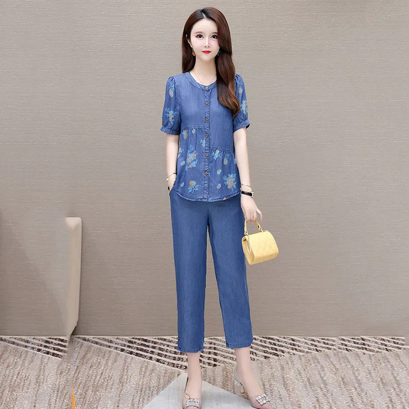 High End Denim Casual Suit Women 2024 Summer Thin Print Short Sleeved Single Breasted Top+ Cropped Pants 2PCS Set Female 4XL