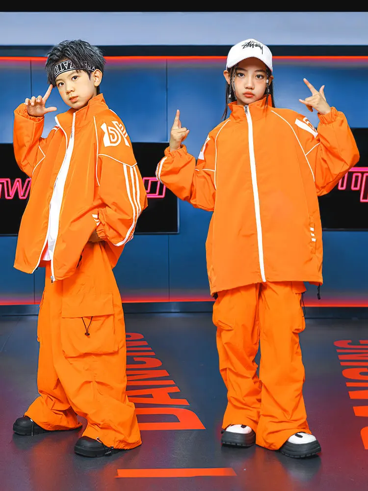 Orange Hip Hop Dance Costume Children's Set Boys Jogger Street Dance Clothing Sport Coat Pants Girls Jazz Practice Wear