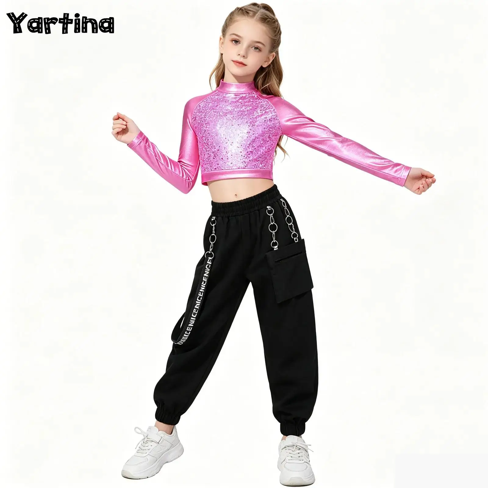 

Kids Girls Shiny Metallic Hip Hop Jazz Dance Performance Costume Sequin Front Crop Top with Metal Chain Pocket Cargo Pants
