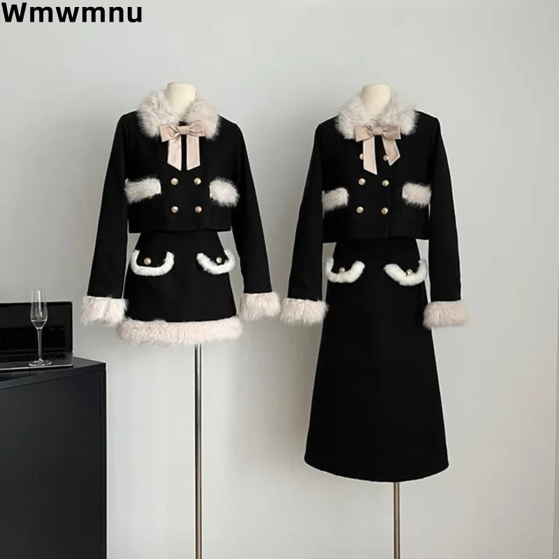 Elegant Cotton Padded Lined Women 2 Piece Sets Korea Faux Fur Collar Woolen Coats Tops Conjunto High Waist Skirts Outfit Outfit