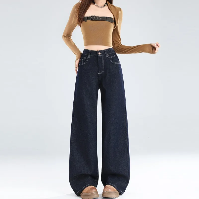 OIQERE Women 2026 Autumn American Dark Blue Wide Leg Jeans High Waist Slim Loose Stylish Straight Denim Long Trousers 2