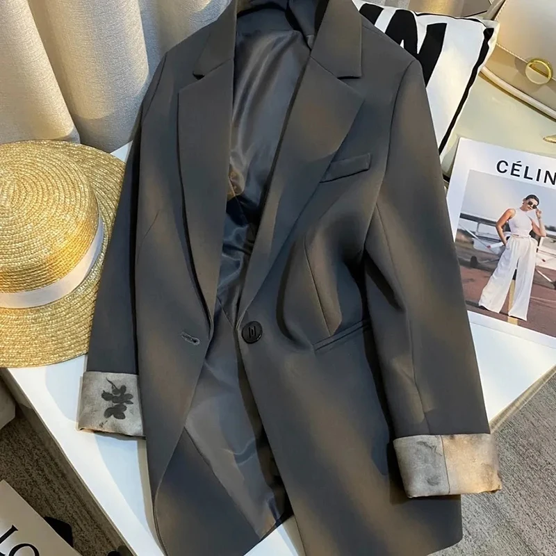 

Women Casual Gray Blazer Coat Classic Single Button Minimalist Jacket Korean Loose Commuter Street Chic Office Lady Outwear