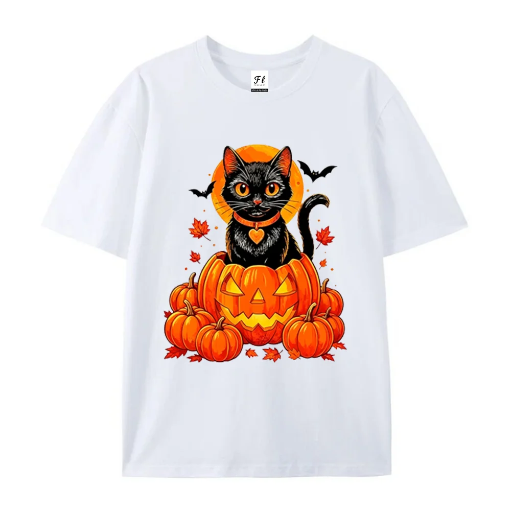 Halloween Black Cat In Jack‑o‑Lantern Graphic T‑Shirt Unisex Fall Pumpkin Bat Cute Funny Casual Short Sleeve Streetwear Gift