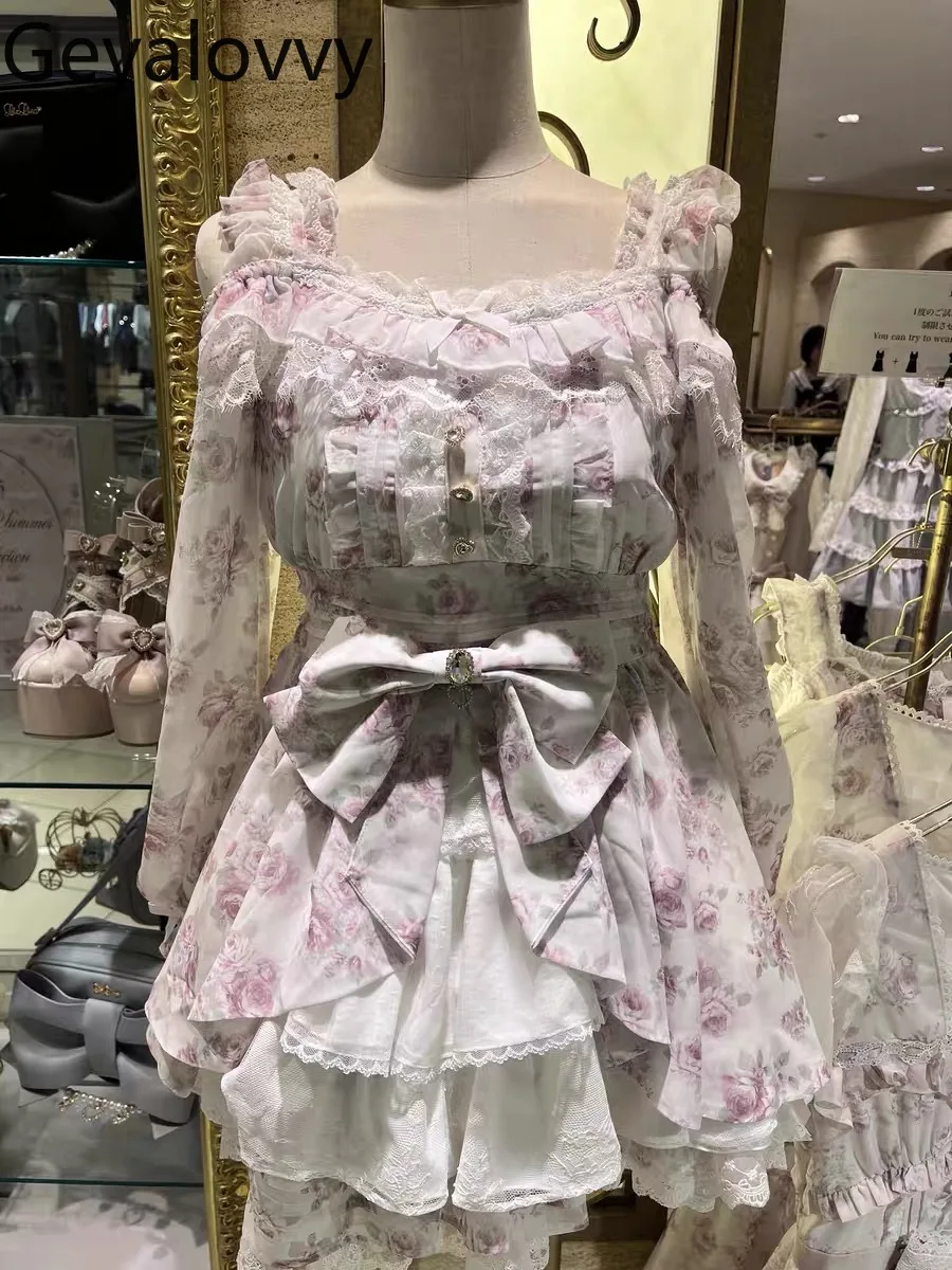 

Autumn New Lolita Sweet Girl Ruffled Lace Strap Off-Shoulder Long Sleeve High Waist Slim Fit Printed Dress and Short Skirt Set