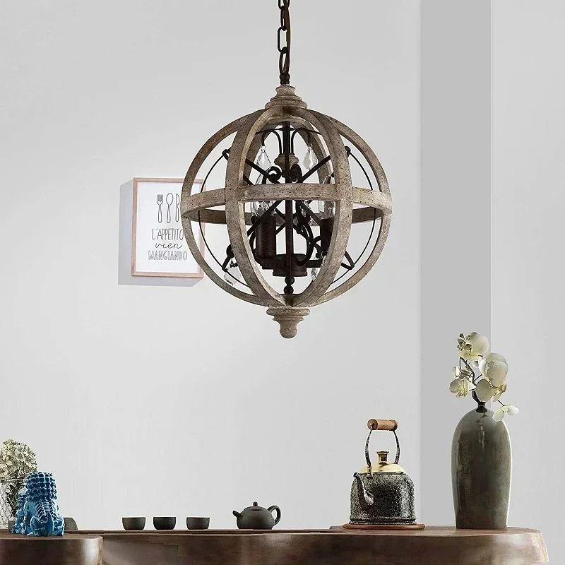 Retro Solid Wood LED Chandelier round Suspension Crystal Lighting for Living Room Modern Home Decor Fixture Loft Style
