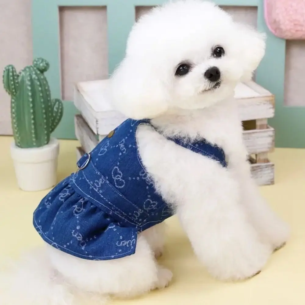 Durável lavável pet amor jeans saia reutilizável bonito animal de estimação denim vestido impresso cão vestido primavera