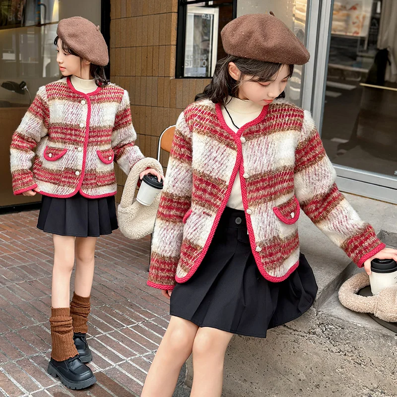 

autumn winter warm teen girls Thick cotton checkered jacket junior kids woolen coat Design round neck pearl button overcoat 8 14