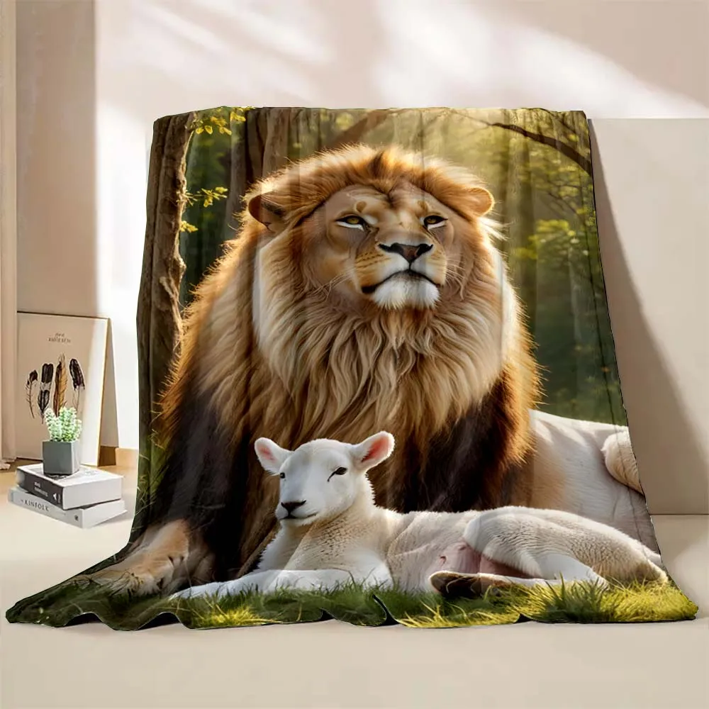 1PC Jesus Lion and Lamb Printed Blanket Warm Soft and Comfortable Home Travel Blanket Sofa Bedding Cover Blanket Gifts