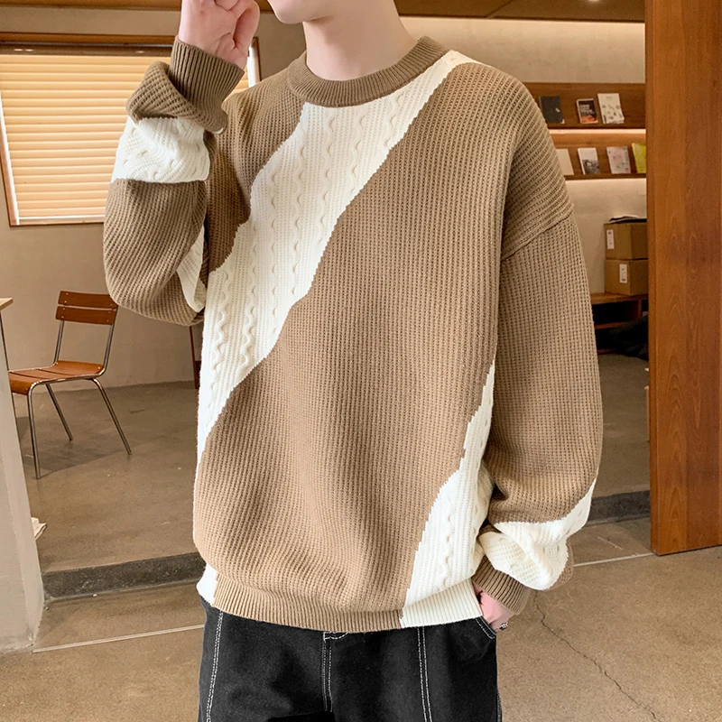 Fashion Men's Pull On Sweaters Autumn Winter Casual Warm Long Sleeve Knit Pullovers Youth Hip Hop Streetwear Loose Tops Clothing