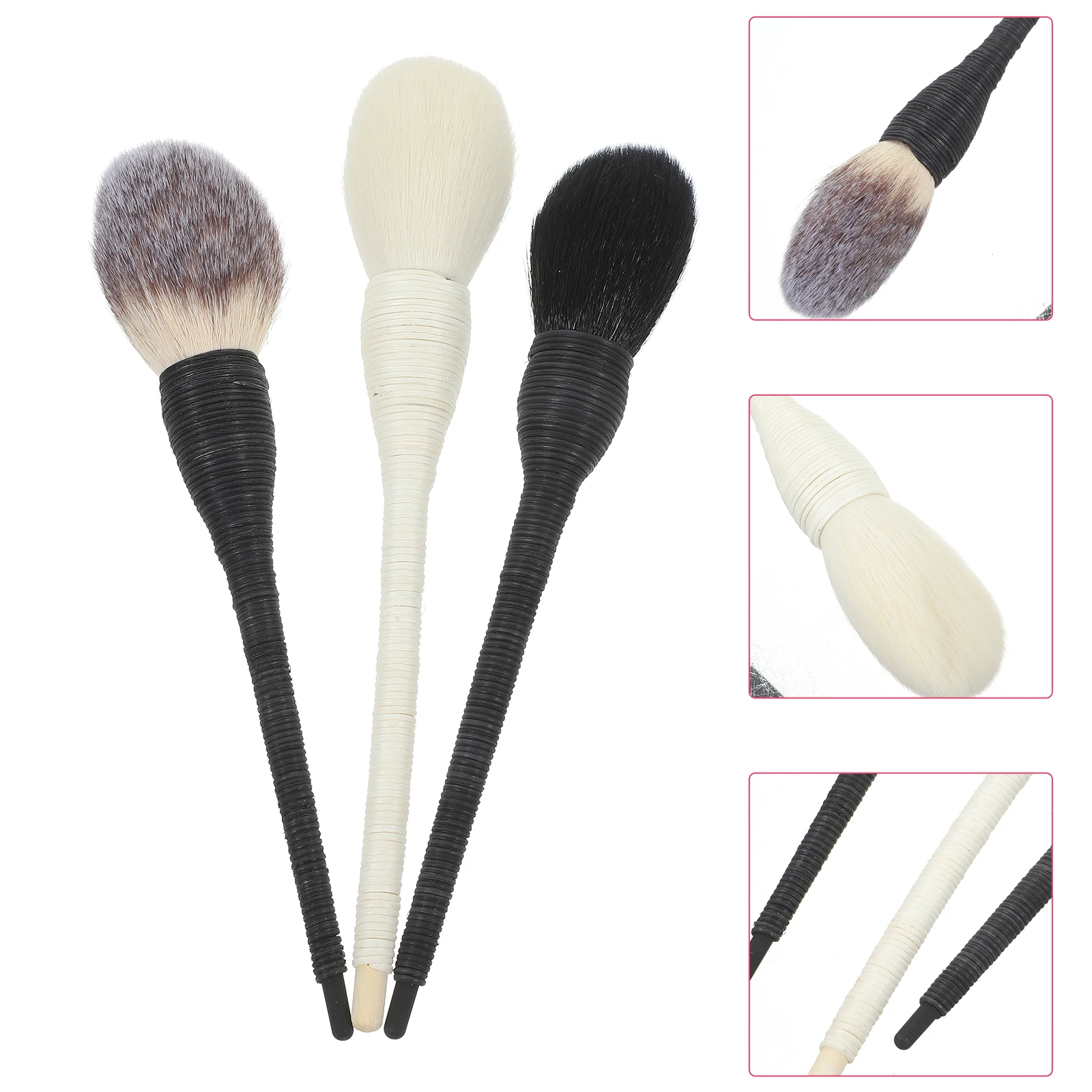 Set di pennelli per trucco da 3 pezzi Strumenti professionali portatili Pennelli per fard per cipria Manico in rattan di lana morbido e denso