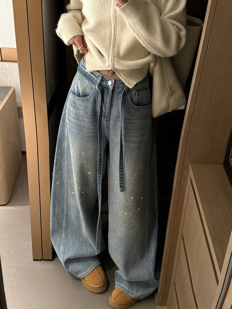 

Glittering Rhinestone Denim Pants High Waist Jeans Women's New Wide Leg Jeans Design Sensation Floor-Length Pants Loose Jeans