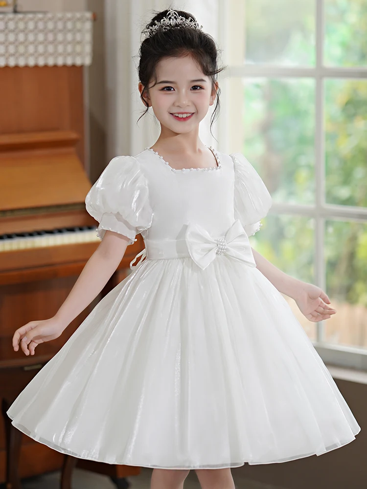 プリンセススタイルの白いウェディングドレス子供用チュールスカート小さな女の子フラワーガールセレモニードレス幼稚園卒業式