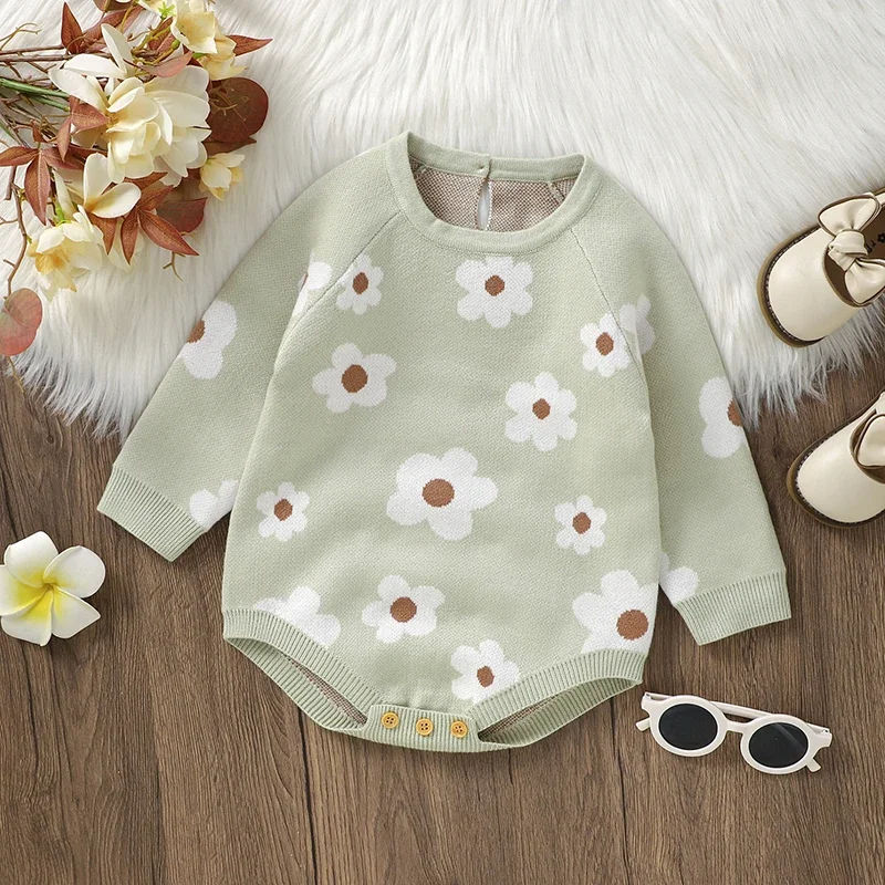 

Newborn Baby Bodysuits Knitted Girl Boy Jumpsuit Long Sleeve Autumn Infant Children Clothing 0-18M Overalls Fashion Florals Warm