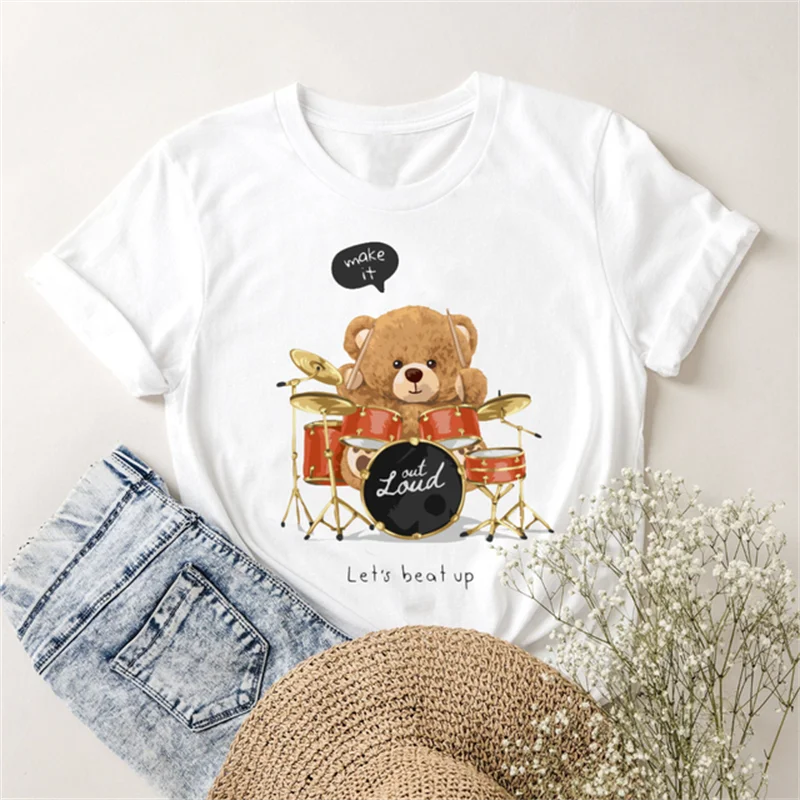 New Fun Teddy Bear Pattern Women's T-shirt Fashion Street Casual Short Sleeve O-Neck Top Simple Cute Breathable White T-shirt