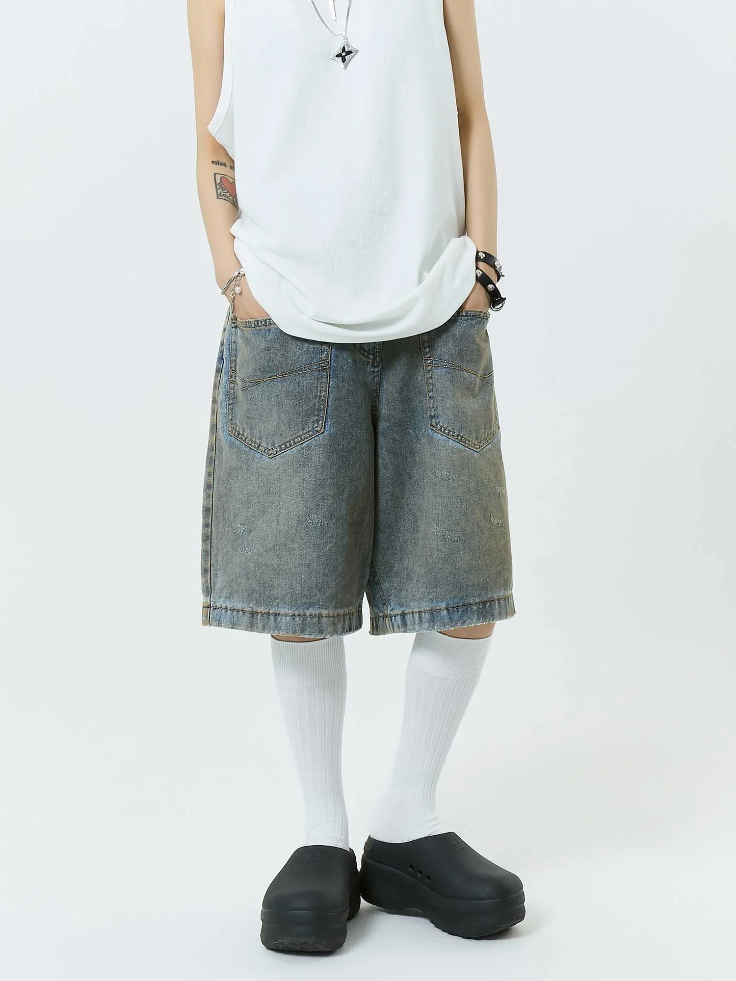 

Retro American Washed Double Pocket Fashionable Desert Style Six-Part Men's Loose Dirty Wide-Leg Jeans Shorts Casual Summer