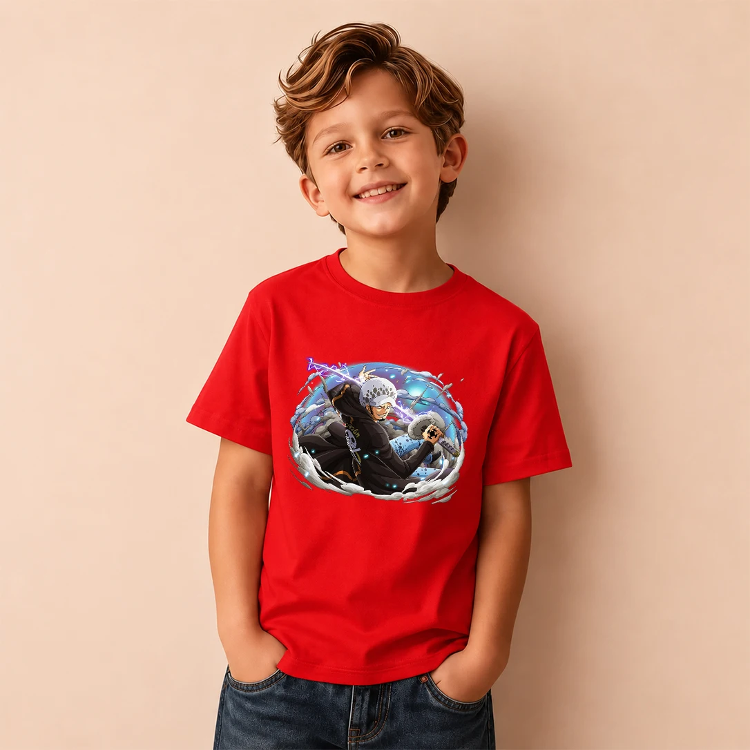Kids T‑Shirt One Piece Trafalgar Law Sword Fighting Print Short Sleeve Casual Tops Boys Girls Anime Children Daily Wear Tees