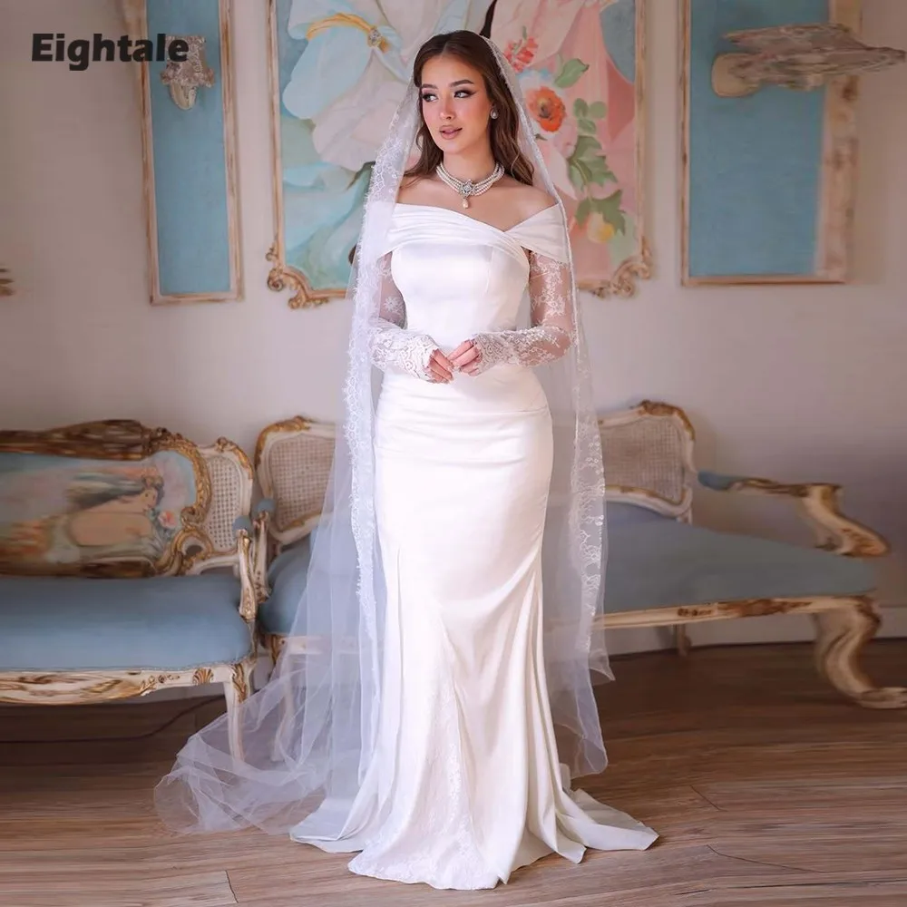 

Eightale Arabic Wedding Dresses Customized Strapless Lace Long Sleeves Ivory Muslim Satin Mermaid Bridal Gowns Vestidos De Novia
